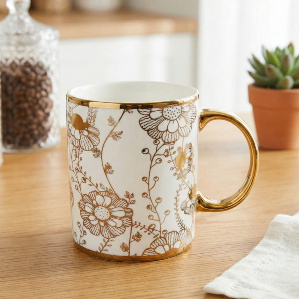 Gold Floral Pattern Ceramic Mug