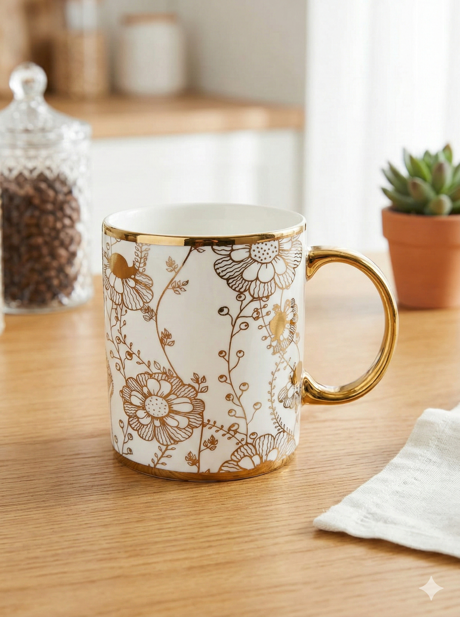 Gold Floral Pattern Ceramic Mug